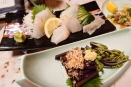 大船渡産天然平目の刺身と山菜のお浸し